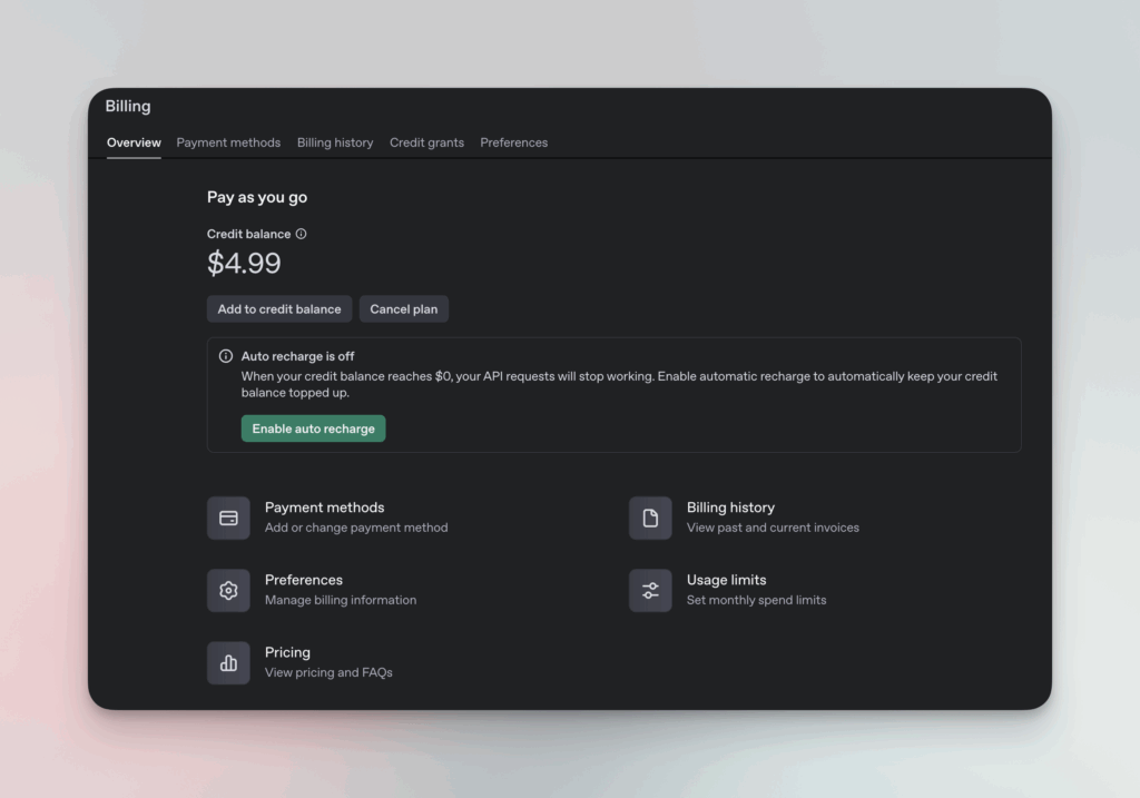 OpenAI API 帳單介面截圖。畫面中包含Overview、Payment methods、Billing history等功能選項,並提供自動儲值功能的設定選項。
